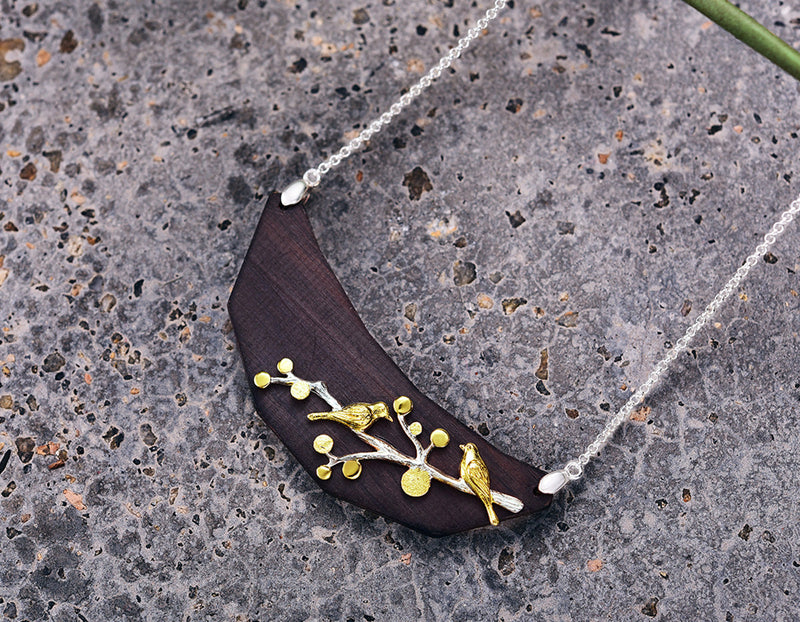 Birds on Branch Wooden Necklace