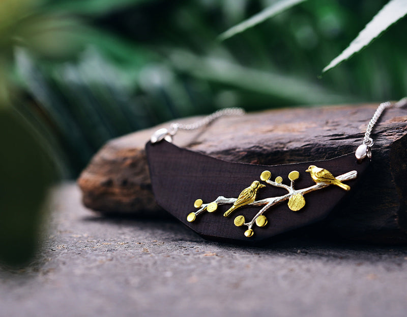 Birds on Branch Wooden Necklace